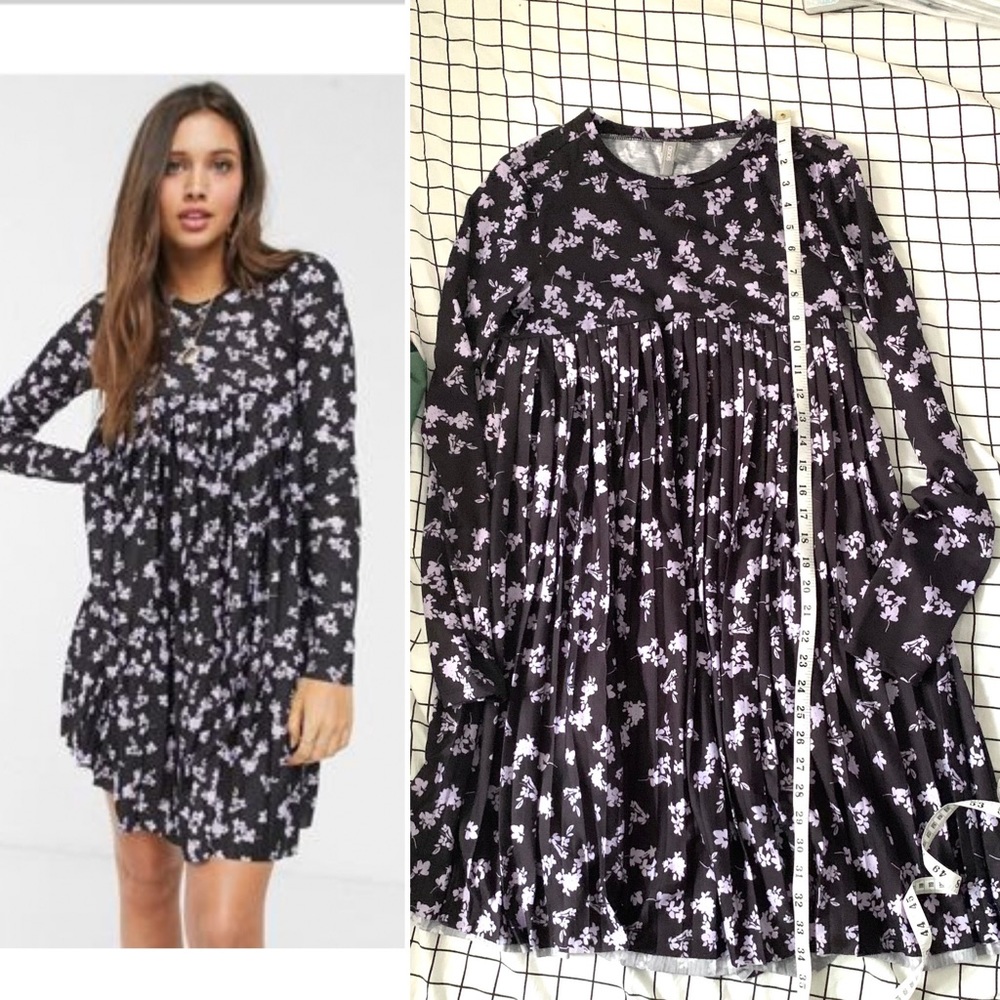 ASOS DESIGN long sleeve pleated smock mini dress in black floral print